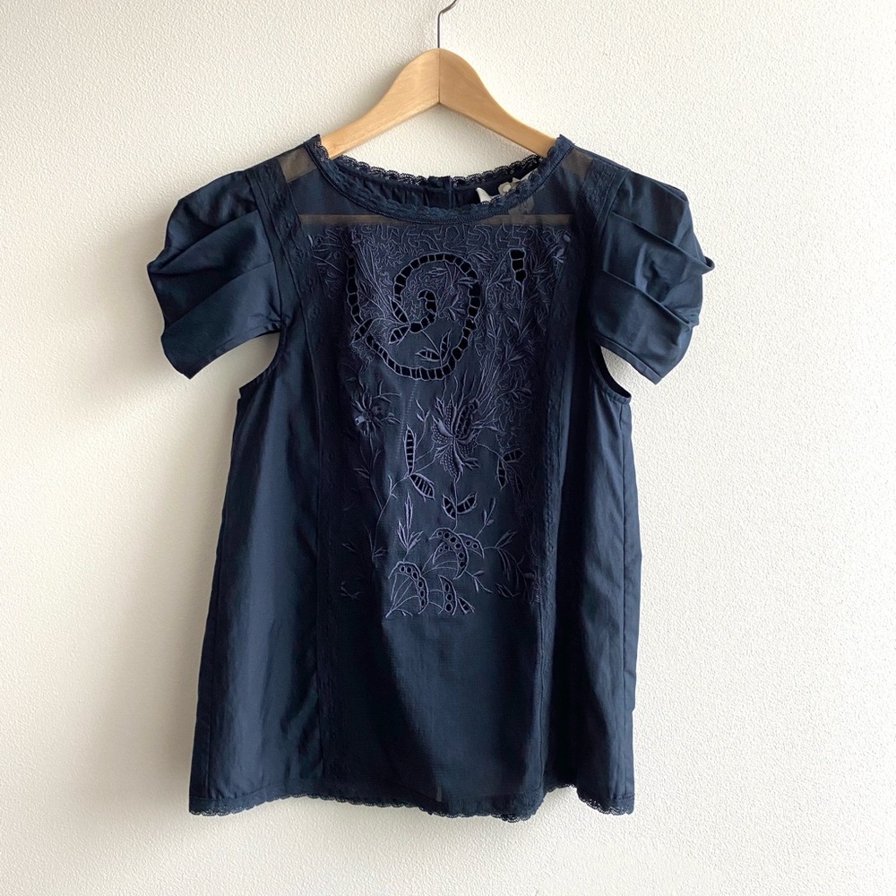 Tibi Embroidered Mesh Front Short Sleeve Blouse
